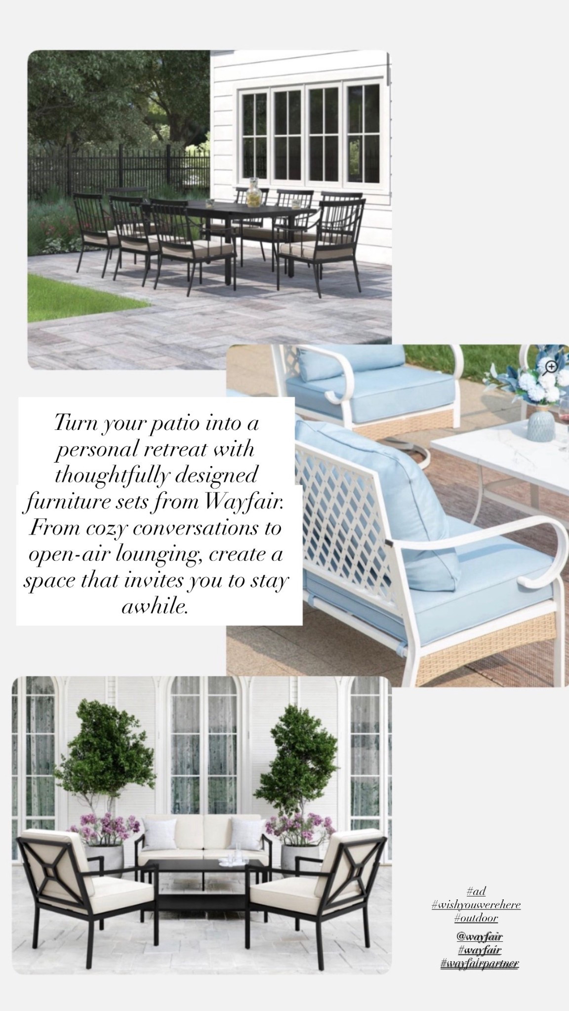 Turn your patio into a personal retreat with thoughtfully designed furniture sets from Wayfair. From cozy conversations to open-air lounging, create a space that invites you to stay awhile.
@Wayfair #ad #outdoor #wishyouwerehere #wayfair #wayfairpartner