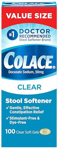 Colace Clear Stool Softener for Gentle Effective Constipation Relief, #1 Doctor Recommended Stool Softener Brand, Dye Free, 50 mg Docusate Capsules, 100 Count | Amazon (US)