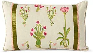 K&K Interiors 15181A 19 Inch Linen Pillow with Embroidered Pink Flowers and Green Ribbon, White | Amazon (US)
