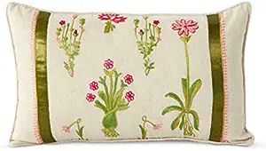 K&K Interiors 15181A 19 Inch Linen Pillow with Embroidered Pink Flowers and Green Ribbon, White | Amazon (US)