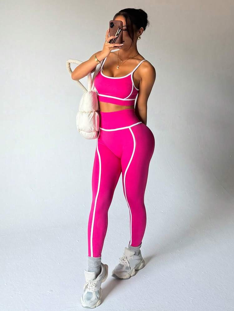 Dewbera Women's Cropped Camisole And Leggings Seamless Yoga Workout Set Active Two Piece Set Gym Two Piece Set Legging Two Piece Set Sporty Two Piece Set Color Block Workout Set Hot Pink Workout Set Pink Sport Set Bra And Leggings Suit Sports Bra Leggings Set Pink Activewear Set | SHEIN