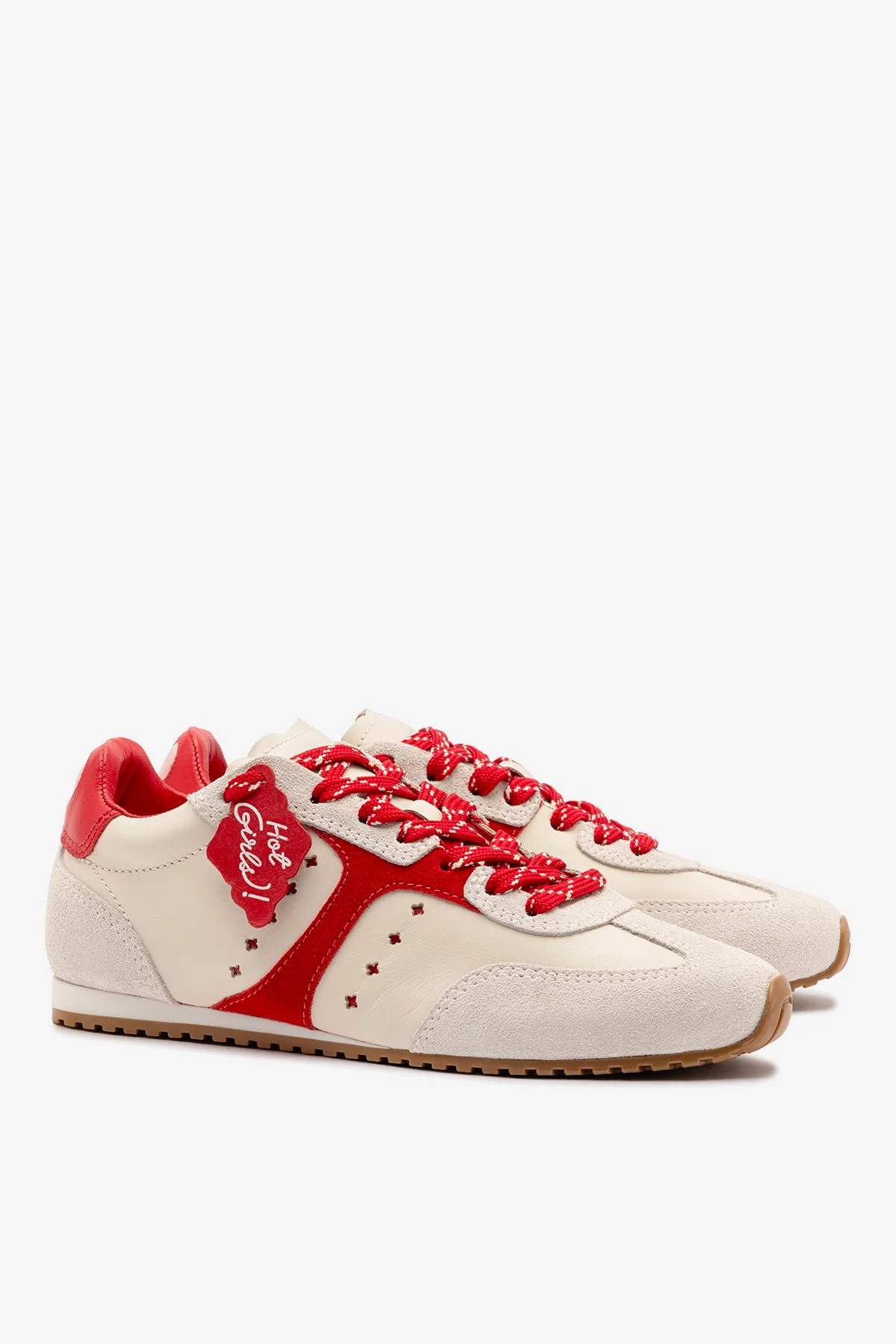 Stella Amore Sneaker In Ivory Leather and Scarlet Suede | Larroude