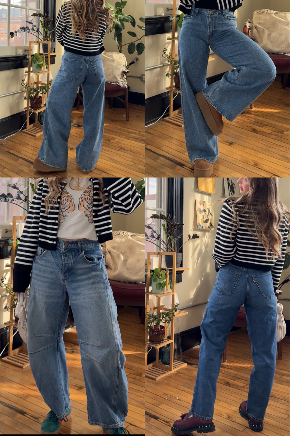 The denim shapes for spring :
Barrel Jean, wide leg baggy jean, and a structured slim 90s jean 

Top 2: Levi's 94 baggy wide leg 
Bottom left: free people lucky you barrel Jean 
Bottom right: Levi's mid-rise 94 baggy straight 