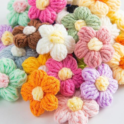 Ewanda store 100Pcs Crochet Flowers Puff Flowers Knitted Yarn Flowers Handmade Crochet Flowers for Crafts Embellishments DIY Hair Headbands Hats Clothing Accessories | Amazon (US)