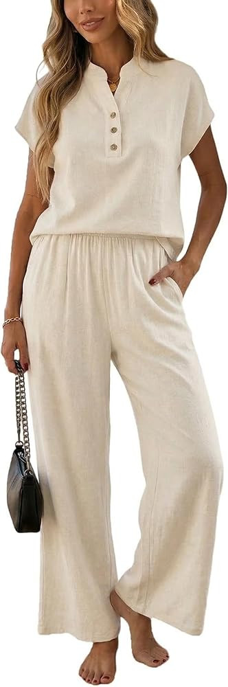 heipeiwa Women's 2 Piece Linen Outfit Set Short Sleeve Button Top with Wide Leg Pants Summer Casu... | Amazon (US)