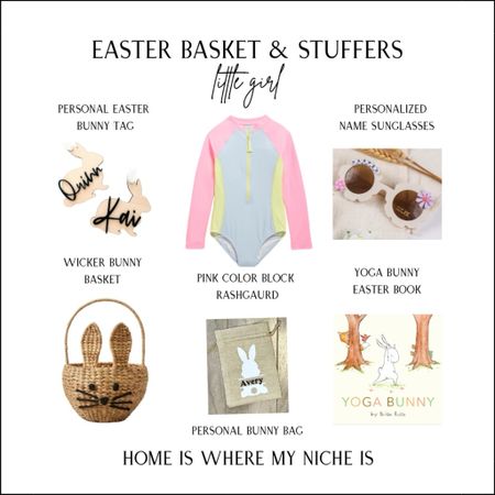 Little Girl Easter Basket & Stuffers
+ personalized bunny tag
+ wicker bunny basket
+ pink block rashgaurd 
+ personalized name sunglasses
+ yoga bunny Easter book

Amazon | Etsy | Canada

#LTKfamily #LTKkids #LTKSeasonal