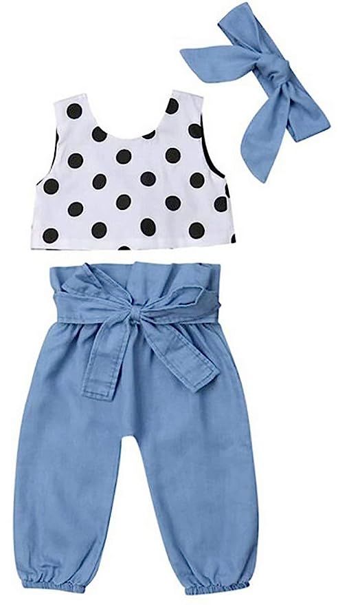 SUPEYA Baby Girls Polka Dot Print Vest Tops+Denim Pants+Headband Outfit 3Pcs Set | Amazon (CA)