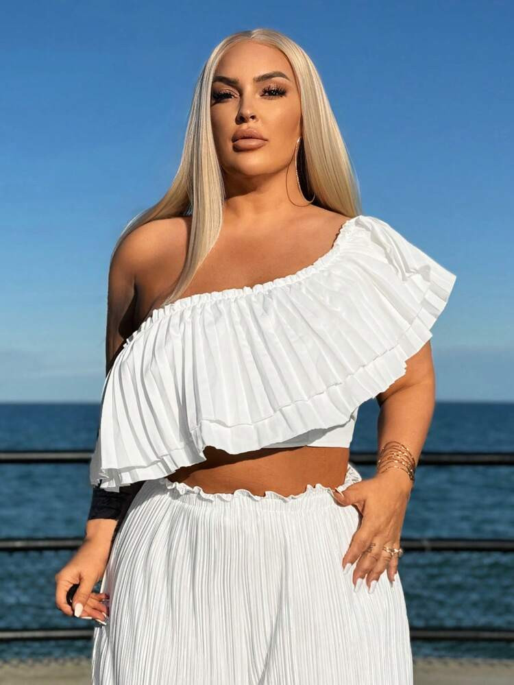 SHEIN SXY Plus Size Toothpick Pleated Summer Holiday One Shoulder Lace Women's Top | SHEIN