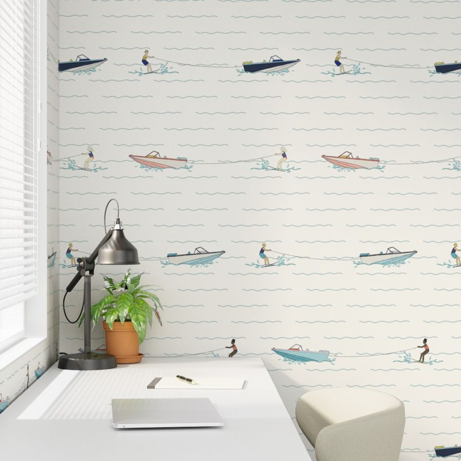 LARGE Water Skiers ski boats Lake Life Summerhouse Lake House Wallpaper | Spoonflower | Spoonflower