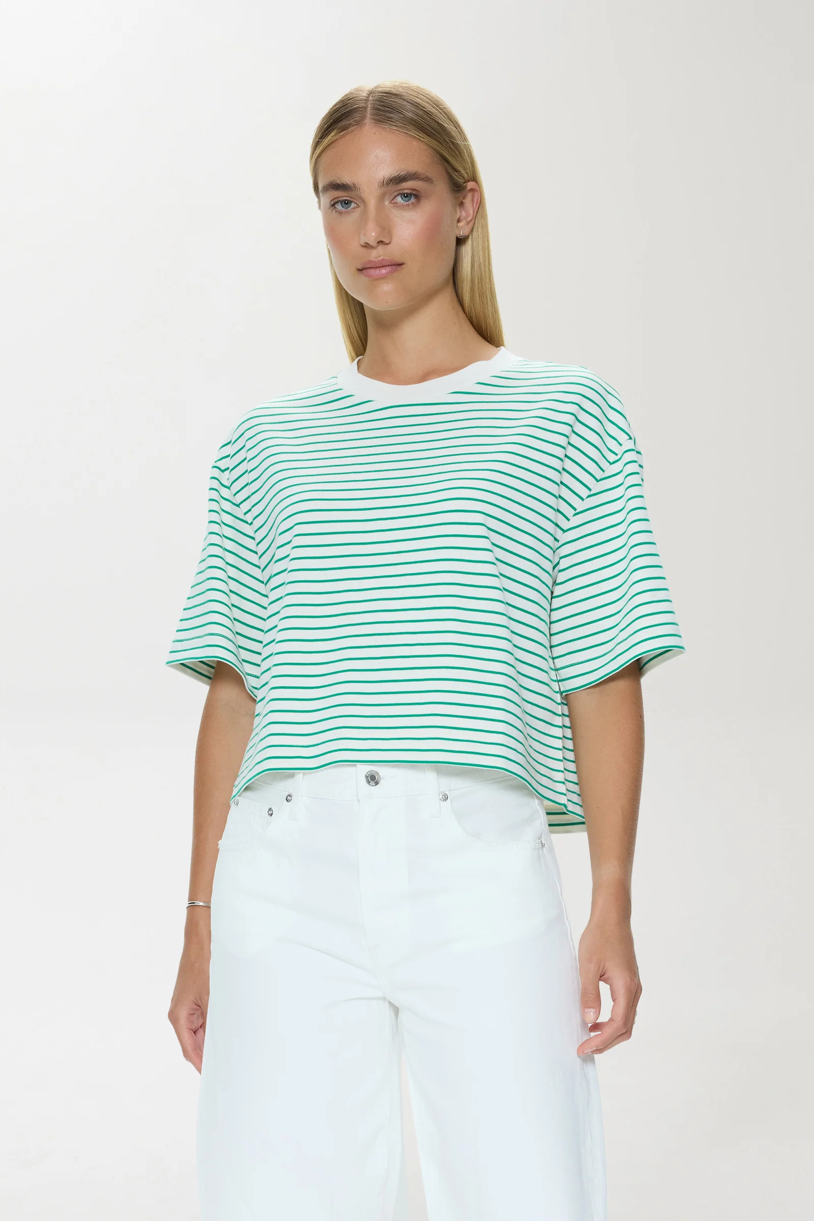 Mae Cropped Tee - Vert Stripe | Pistola Denim