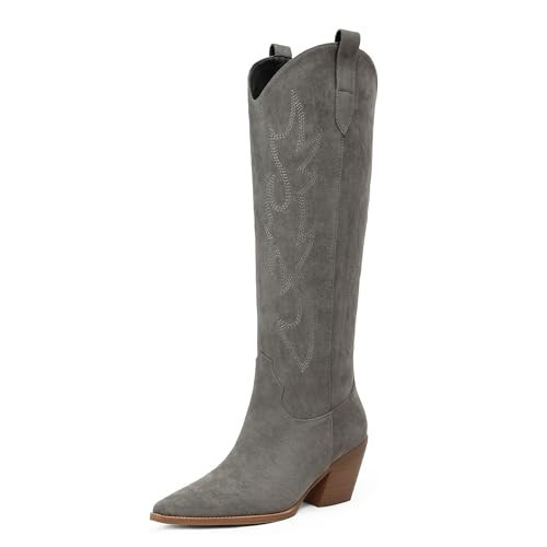 iiimmu Cowgirl Boots Women Knee High Pointed Toe and Block Heel Cowboy Suede Boots with Embroidered, Light Gray, Size 7.5 | Amazon (US)