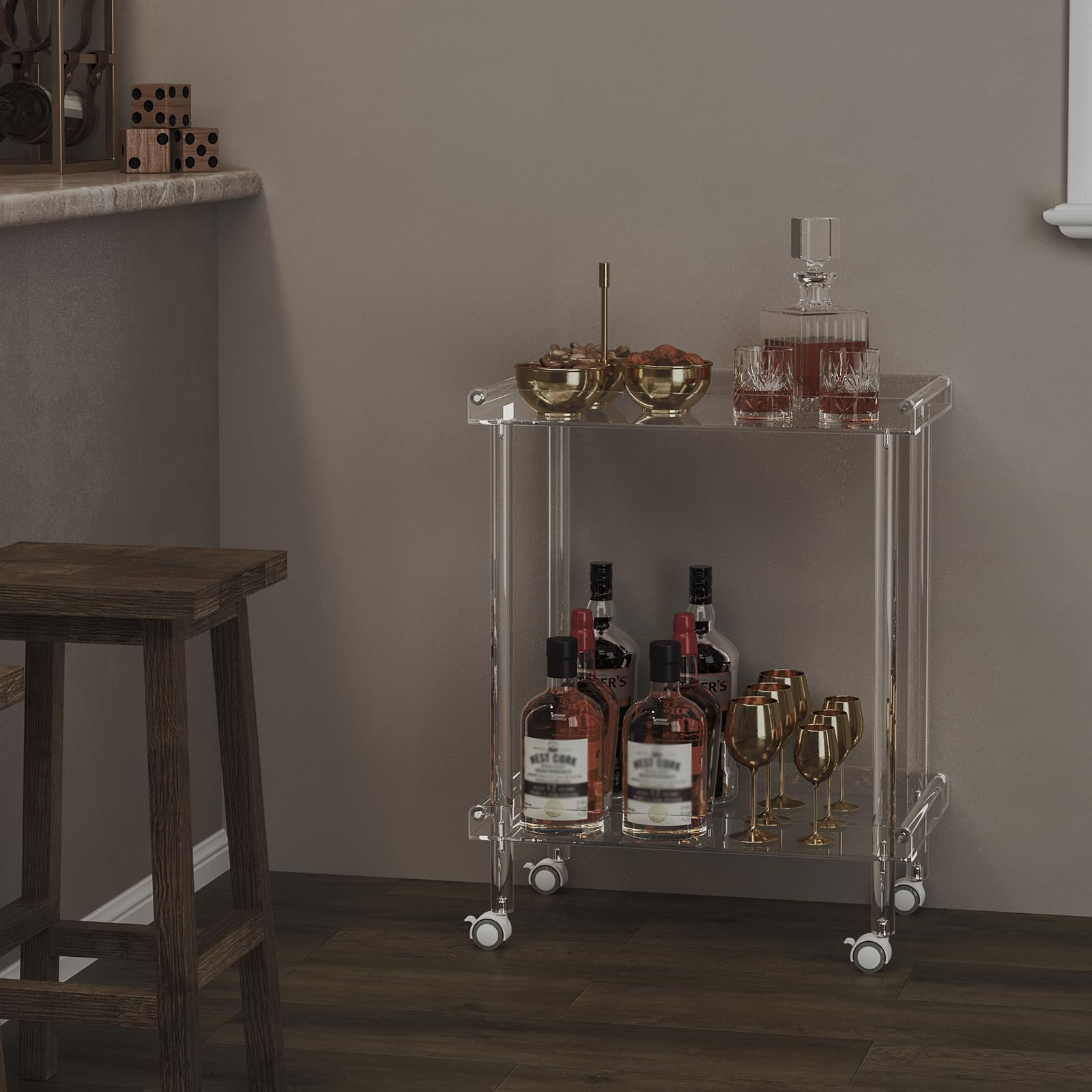HMYHUM Acrylic Bar Cart, Rolling Serving Cart with 4 Lockable Wheels for The Home Bar, Kitchen, L... | Amazon (US)