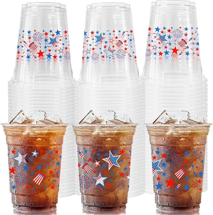 CIEOVO 50 Count 4th of July Party Cups, 12 oz Patriotic Party Disposable Clear Plastic Red White ... | Amazon (US)