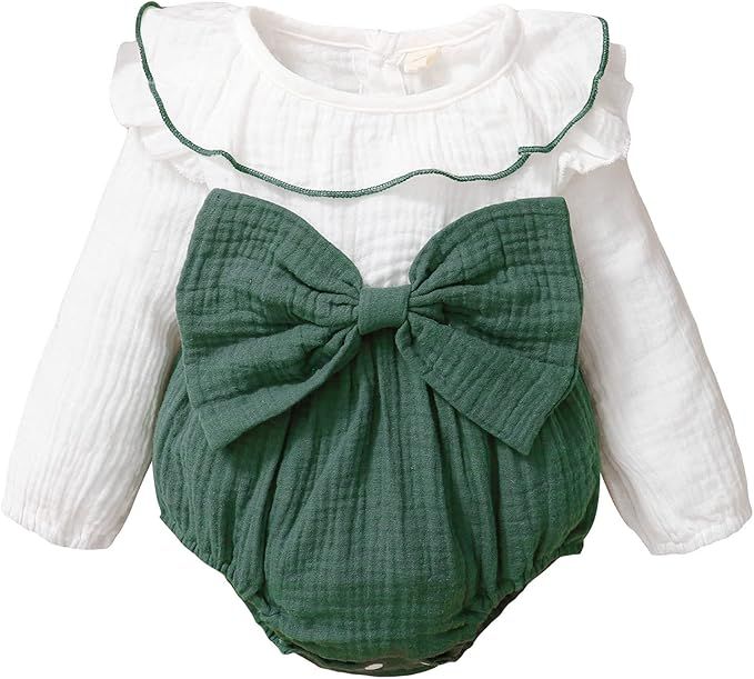 Baby Girls Ruffle Long Sleeve Rompers Infant Cotton Onesie with Headband 0-12M | Amazon (US)