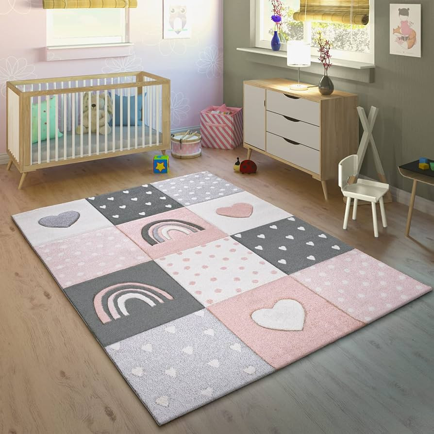 Paco Home Kids Rug for Nursery Checkered Rainbows & Hearts in Pink Grey White, Size: 3'11" x 5'7" | Amazon (US)