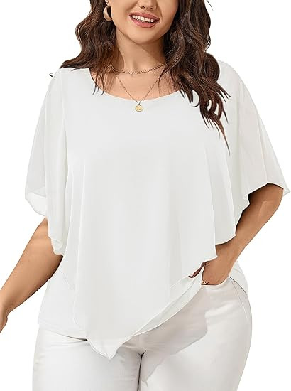 SCOMCHIC Women's Plus Size Blouses Summer Casual Loose Batwing Short Sleeve Chiffon Flowy Tops Dr... | Amazon (US)