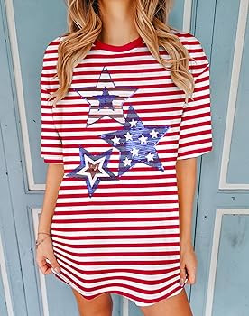 4th of July Shirts Women Patriotic Shirt American Flag Stars Tshirt Sequin Star Tops Oversized Gr... | Amazon (US)