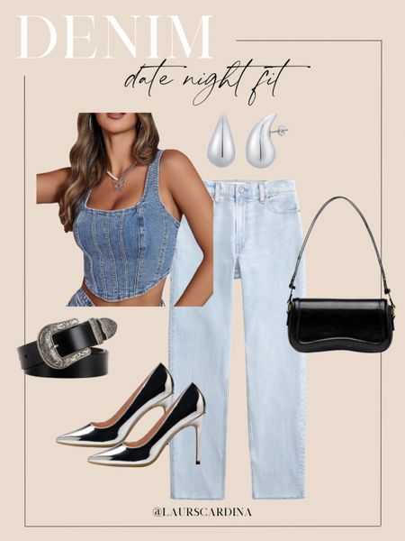 This denim date night fit pairs a denim corset top with high rise mom jeans, a black belt with a silver bucks, silver stiletto heels, a black shoulder bag, and teardrop earrings. 

Ootd, date night, Amazon fashion, Nashville outfit, concert outfit 

#LTKfindsunder50 #LTKstyletip #LTKshoecrush