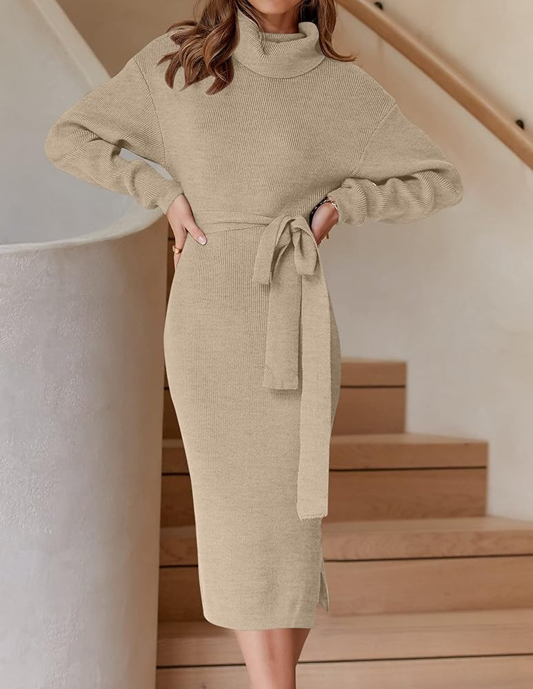 ZESICA Women's Turtleneck Sweater Midi Dress Long Sleeve Ribbed Knit Bodycon Slit Dress with Belt | Amazon (US)