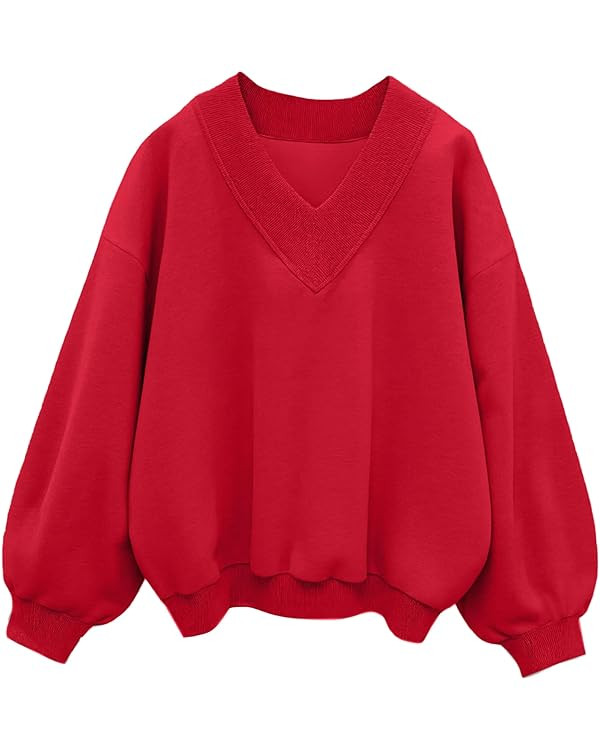 Hilinker Womens V Neck Oversized Sweatshirts Casual Drop Shoulder Long Sleeve Pullover Tops | Amazon (US)
