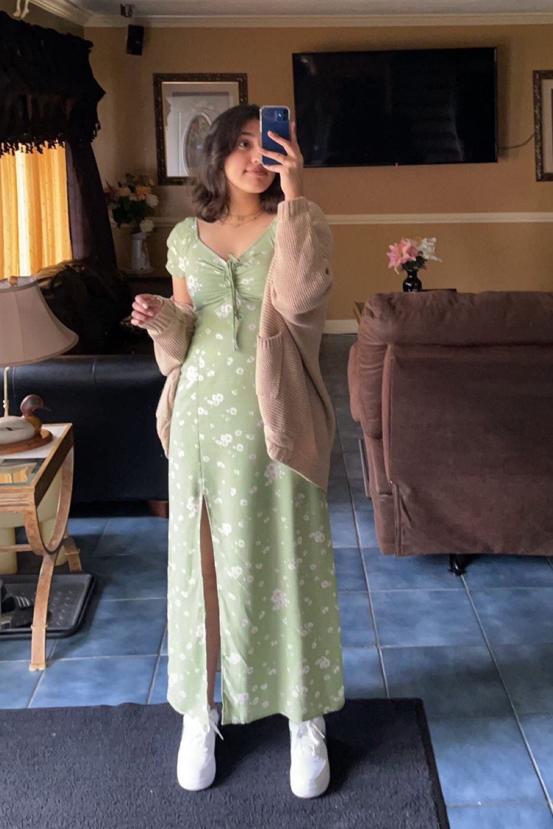 ditsy light green floral v-neck shoulder length ruffled sleeves split summer dress cable knit cardigan green bandana nike logo Air Force 1s spring dress v-neck knot maxi dress cottage code romantic midi dress light brown cardigan white nike shoes casual elegant simple minimalist fall style fall dress chilly dress it up 

#LTKSeasonal #LTKfit #LTKstyletip