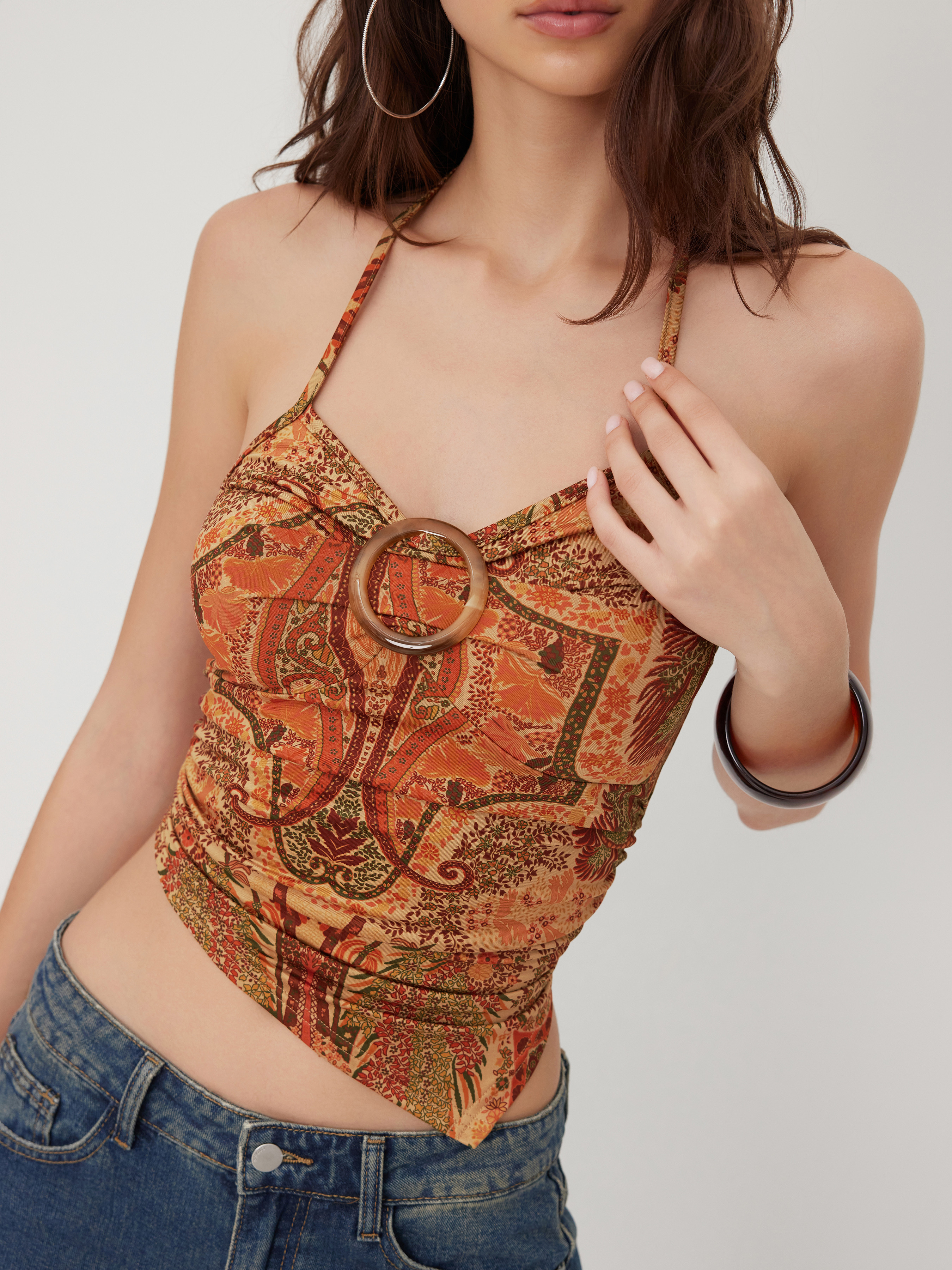 Jersey Halter Neckline Floral Asymmetrical Hem Top For Vacation | Cider