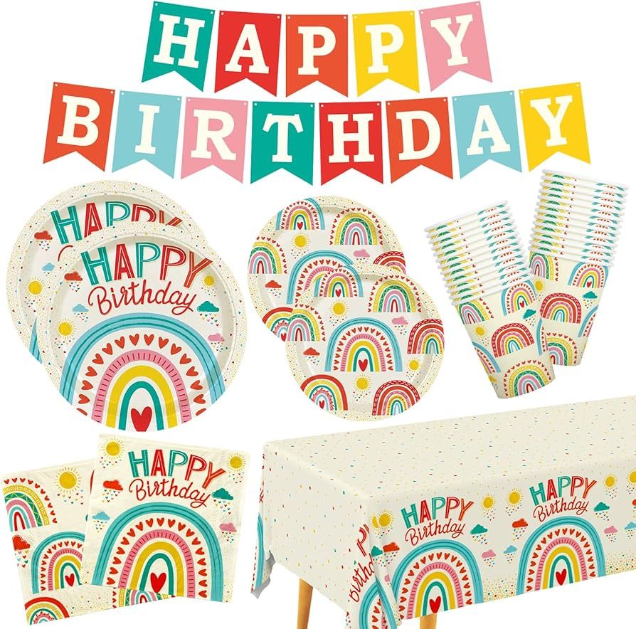 Retro Rainbow Themed Happy Birthday Party Supplies Set - Vibrant Disposable Paper Plates, Cups, N... | Amazon (US)