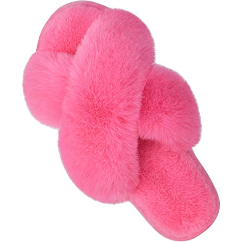 Women's Cross Band Slippers Fuzzy Soft House Slippers Plush Furry Warm Cozy Open Toe Fluffy Home ... | Amazon (US)