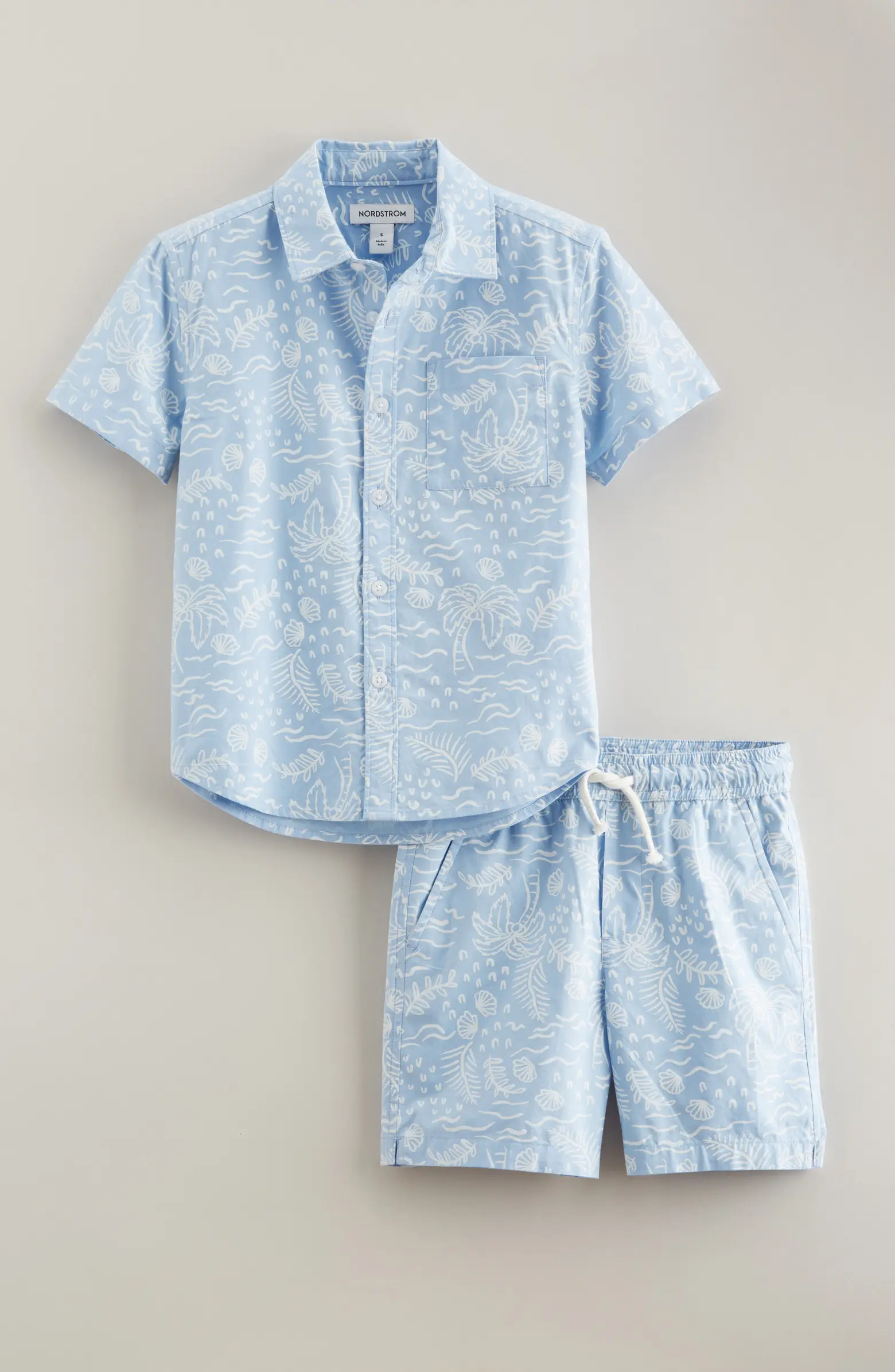 Nordstrom Kids' Tropical Print Short Sleeve Cotton Blend Button-Up Shirt & Drawstring Shorts Set ... | Nordstrom