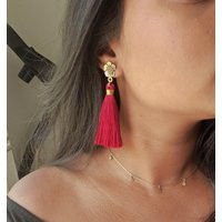Maroon/Red Oxidised Gold Colour Plated Tassel Earrings Silk thread Gold Colour Plated Stud Dangle Ea | Etsy (US)
