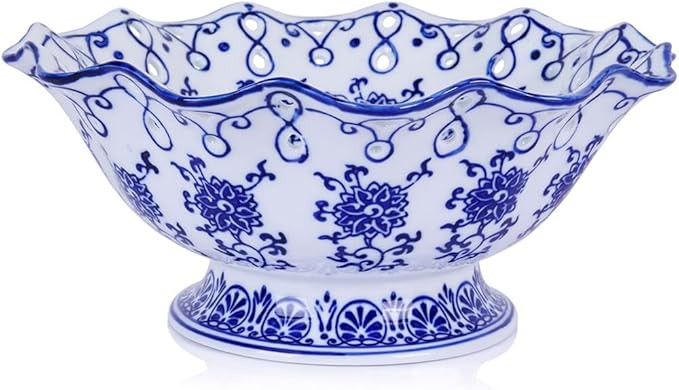9.4in Blue and White Ceramic Fruit Bowl, Porcelain Decoration Bowl, Fruit Serving Plate,Storage B... | Amazon (US)