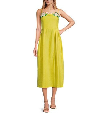 Citron White Full Bloom Rose Embroidered Detail Spaghetti Strap Linen Midi Dress | Dillard's