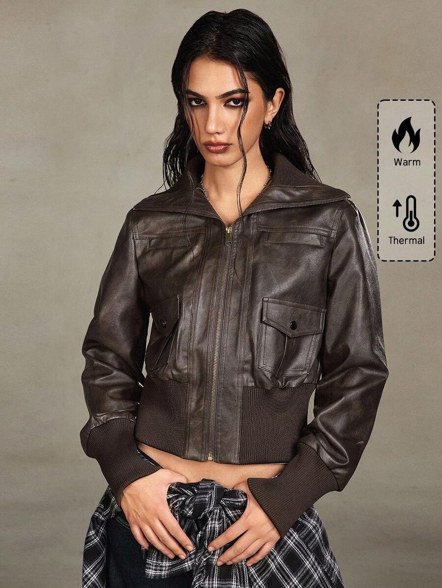 ROMWE Grunge Punk Casual Vintage Street-Style Distressed PU Biker Vibe Collar Fitted Women Jacket | SHEIN
