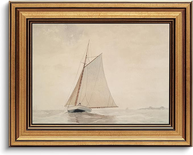Gold Framed Wall Art Vintage Canvas Wall Art White Sailboat Seaview Seascape Artwork Prints Pictu... | Amazon (US)