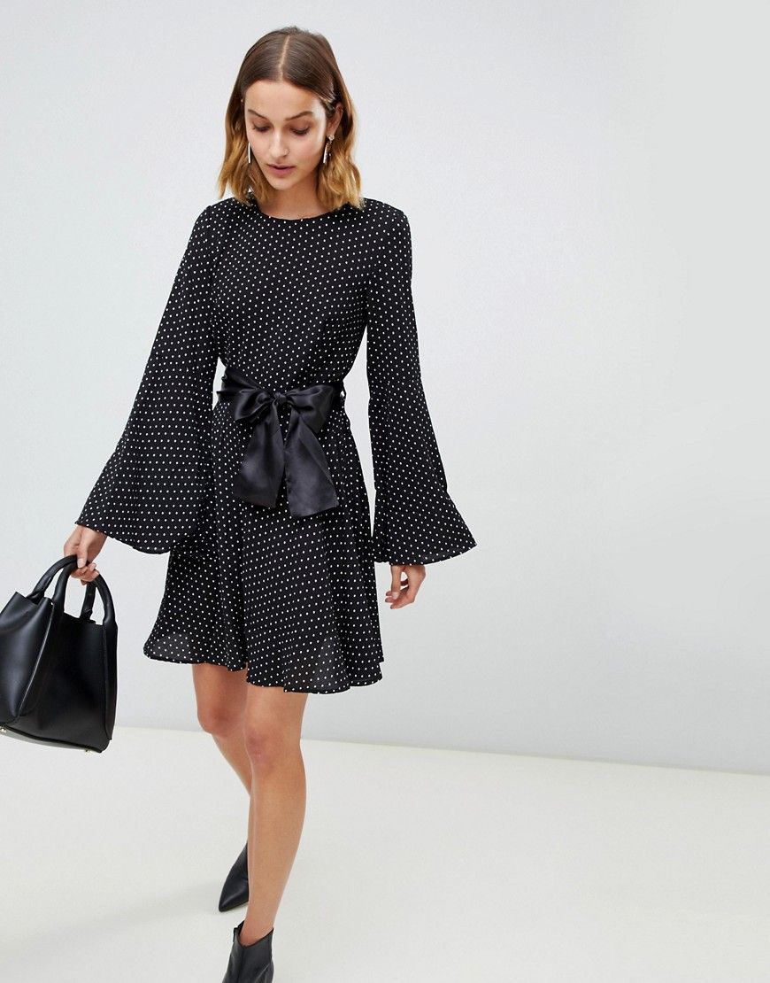 Unique 21 long sleeve belted polka dot dress - Black | ASOS US