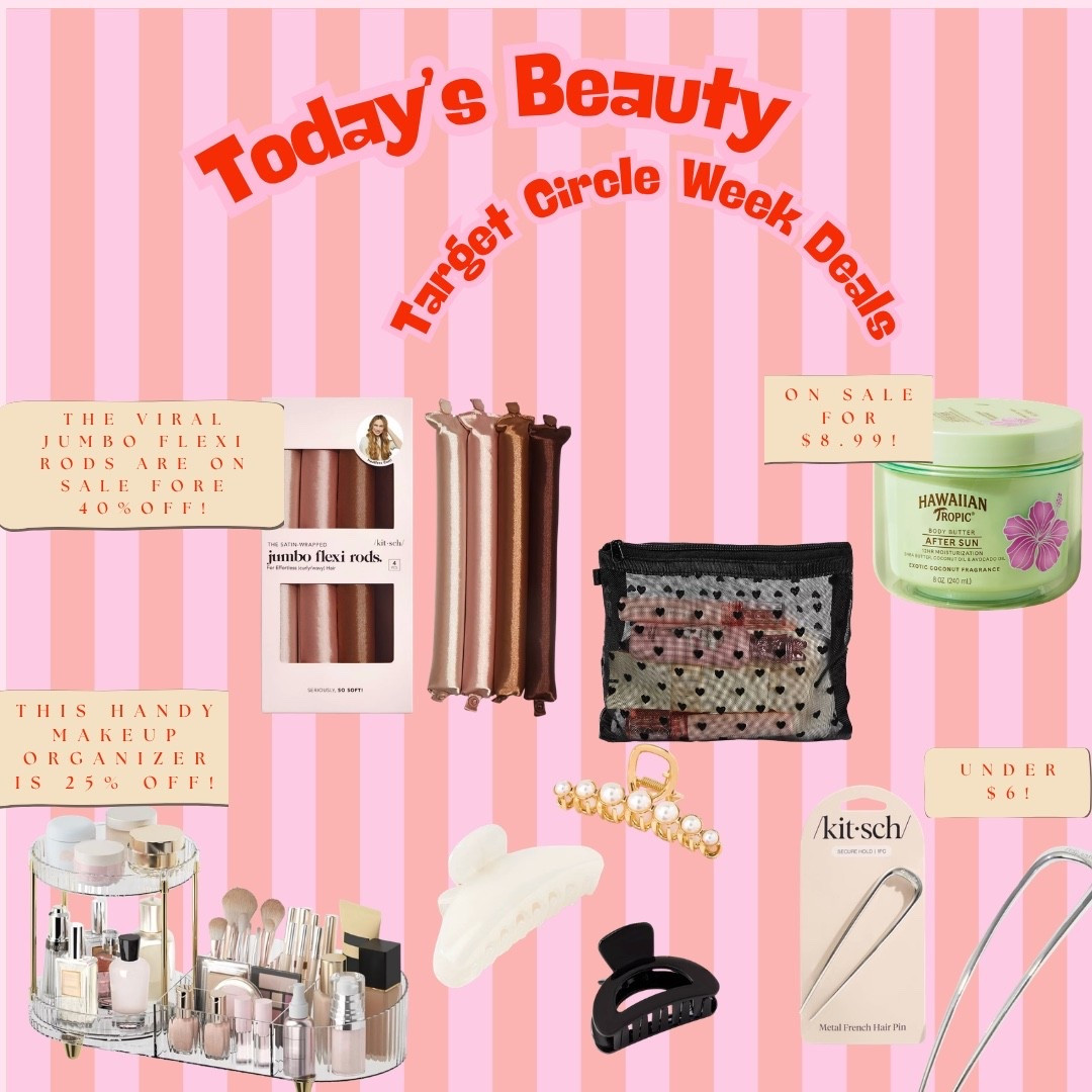 Target Circle Week beauty deals are HERE and they are so good 🛒 The viral Kitsch jumbo flexi rods are 40% off, the Hawaiian Tropic after sun butter is only $8.99, the makeup organizer is 25% off, and the French hair pins are under $6. All linked!

#LTKdayinmylife #LTKgrwm #LTKootd