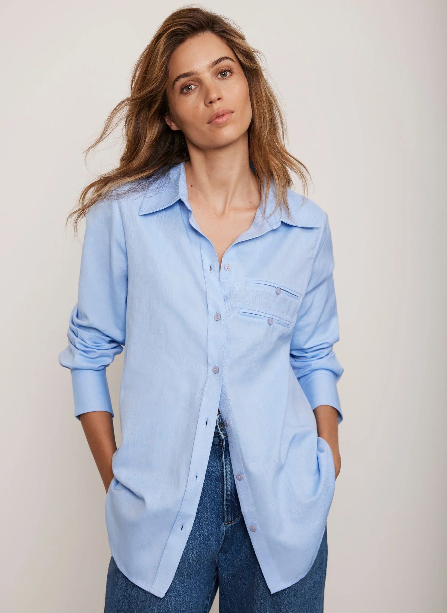 Blue Pocket Detail Long Sleeved Cotton Shirt | Mint Velvet