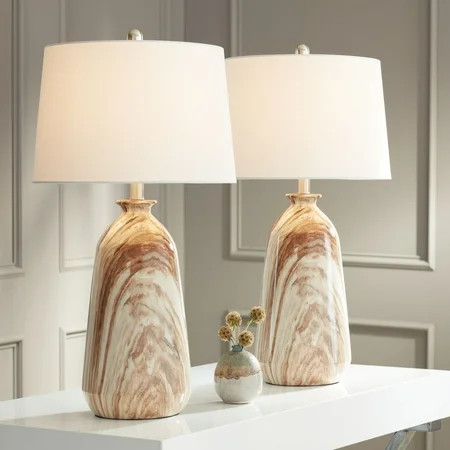 360 Lighting Carlton Modern Table Lamps 28" Tall Set of 2 Swirling Brown Faux Marble White Tapered Drum for Bedroom Living Room Bedside Nightstand | Walmart (US)