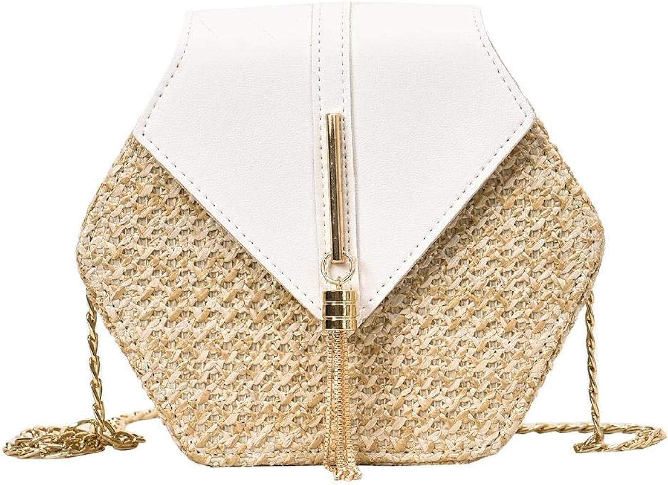 NYASAY Straw Woven PU Patchwork Shoulder Handbags,Women Summer Beach Hex-shape Purse | Amazon (US)