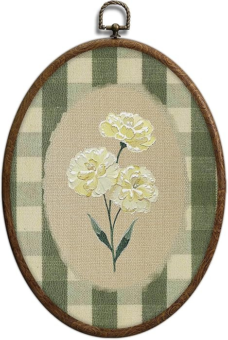 Flower Oval Wall Art, Green Gingham Oval Framed Wall Art, Retro Botanical Cottage Core Home Decor... | Amazon (US)