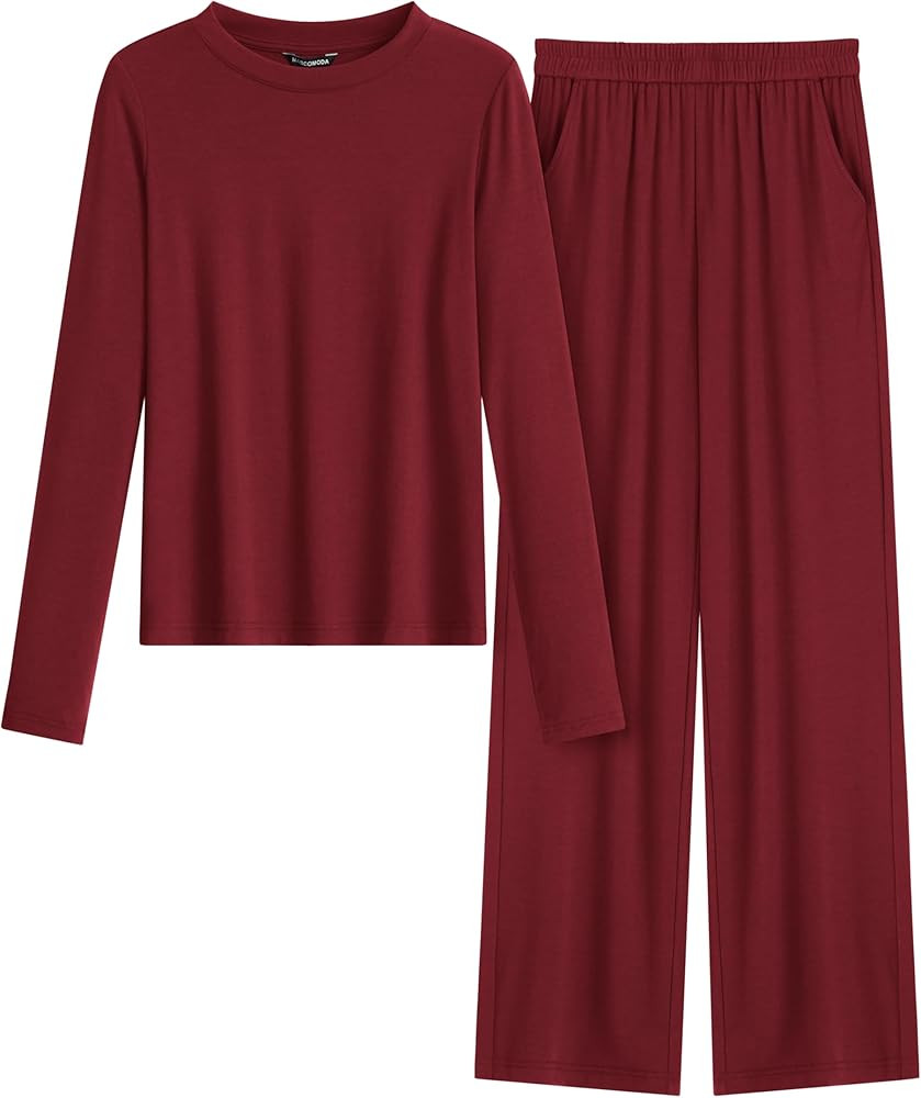 MASCOMODA Fall Lounge Sets for Women Crewneck Long Sleeve Tops Wide Leg Pants Casual 2 Piece Airp... | Amazon (US)