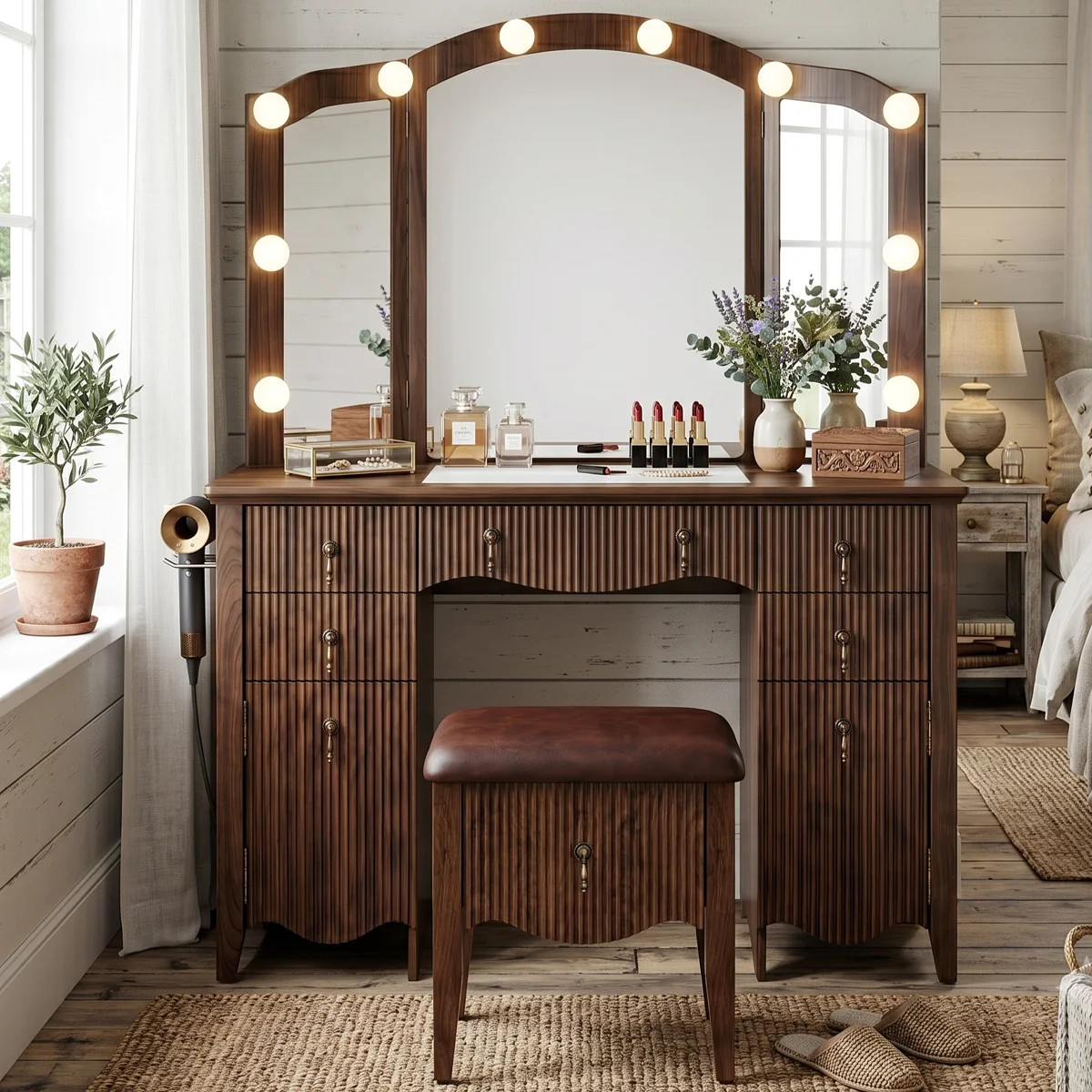 Avenall Vintage Makeup Vanity Desk with Arched Tri-Fold Lighted Mirror, Glass Top, Fluted Drawers... | Wayfair North America
