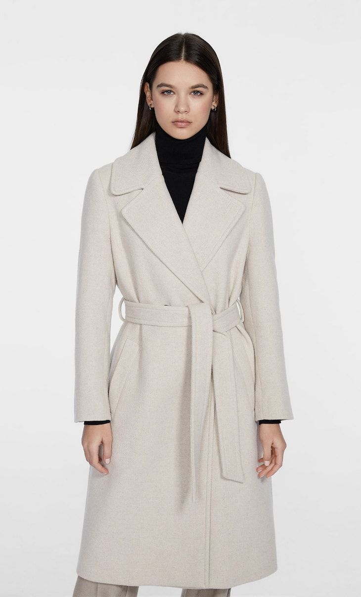 Felt texture coat with belt - Women's fashion | Stradivarius United Kingdom | Stradivarius (UK)