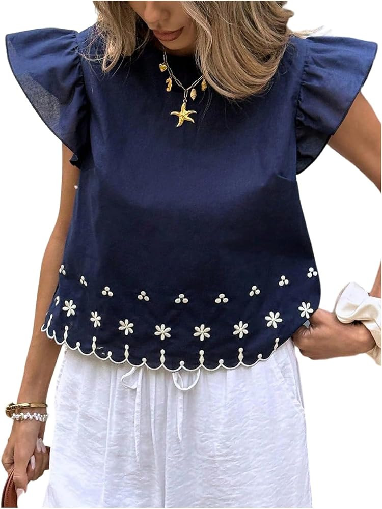 WDIRARA Women's Embroidered Ruffle Cap Sleeve Crew Neck Blouse | Amazon (US)