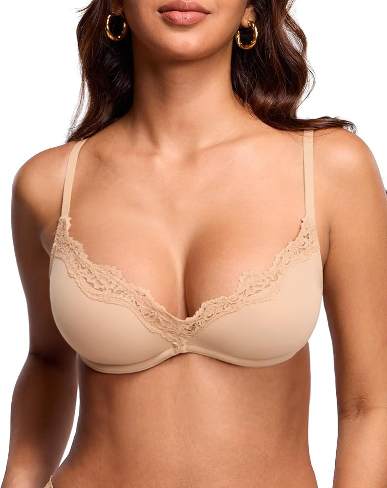 DOBREVA Women's Unlined Plunge Scoop Bra Lace Trim Balconette Sexy Underwire Demi Bras Deep V | Amazon (US)