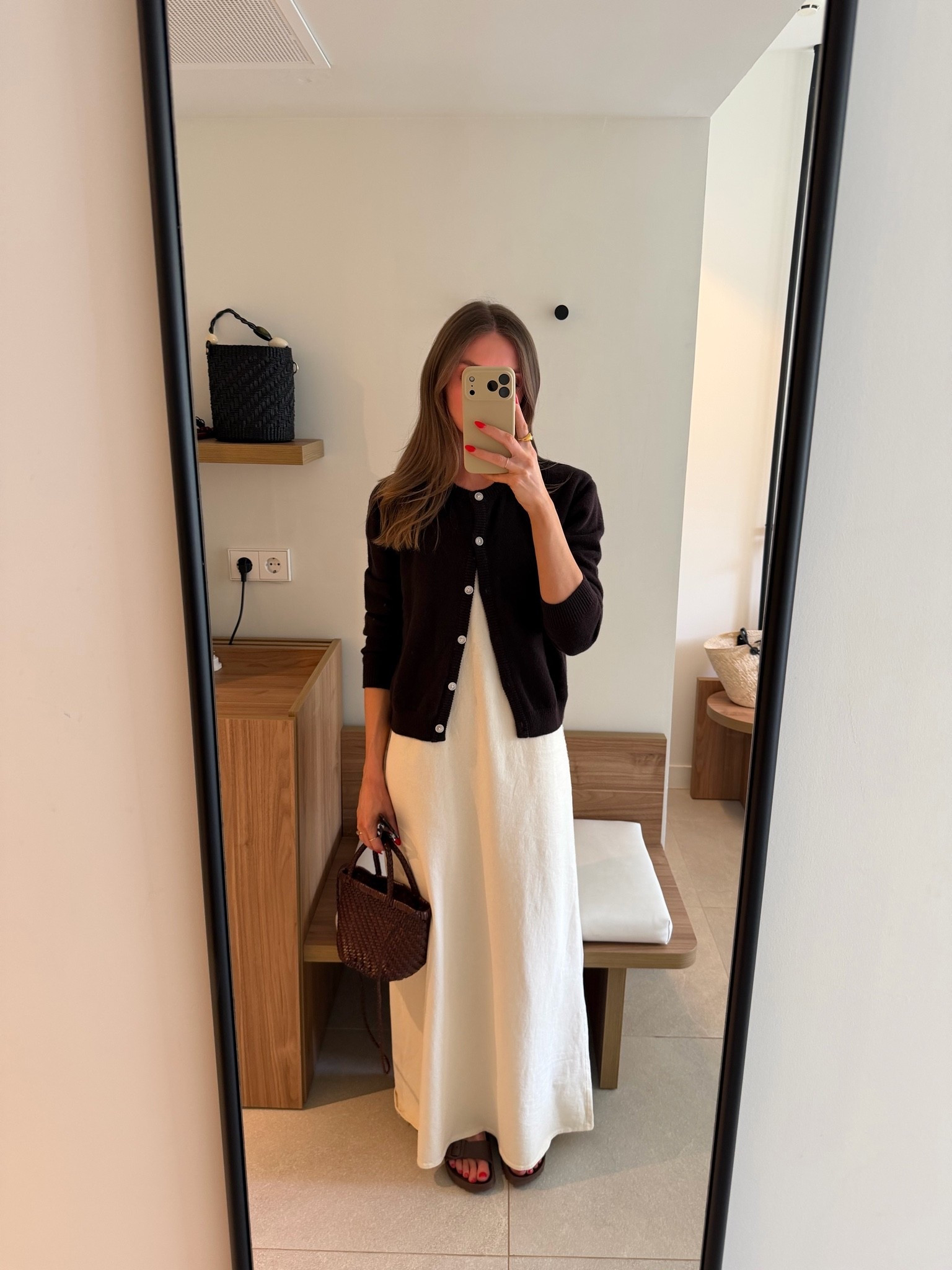 My exact cardigan is from The Gather (I can’t link on here)
Similar below
Small in the Zara dress, I’m 5ft 6
Reiss bag 
Brown Birkenstock Eva arizona sandals