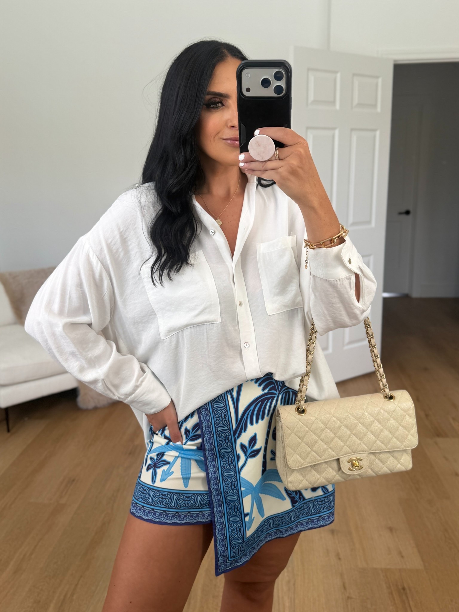 Women's Summer Boho Wrap Mini Skirt wearing size medium.