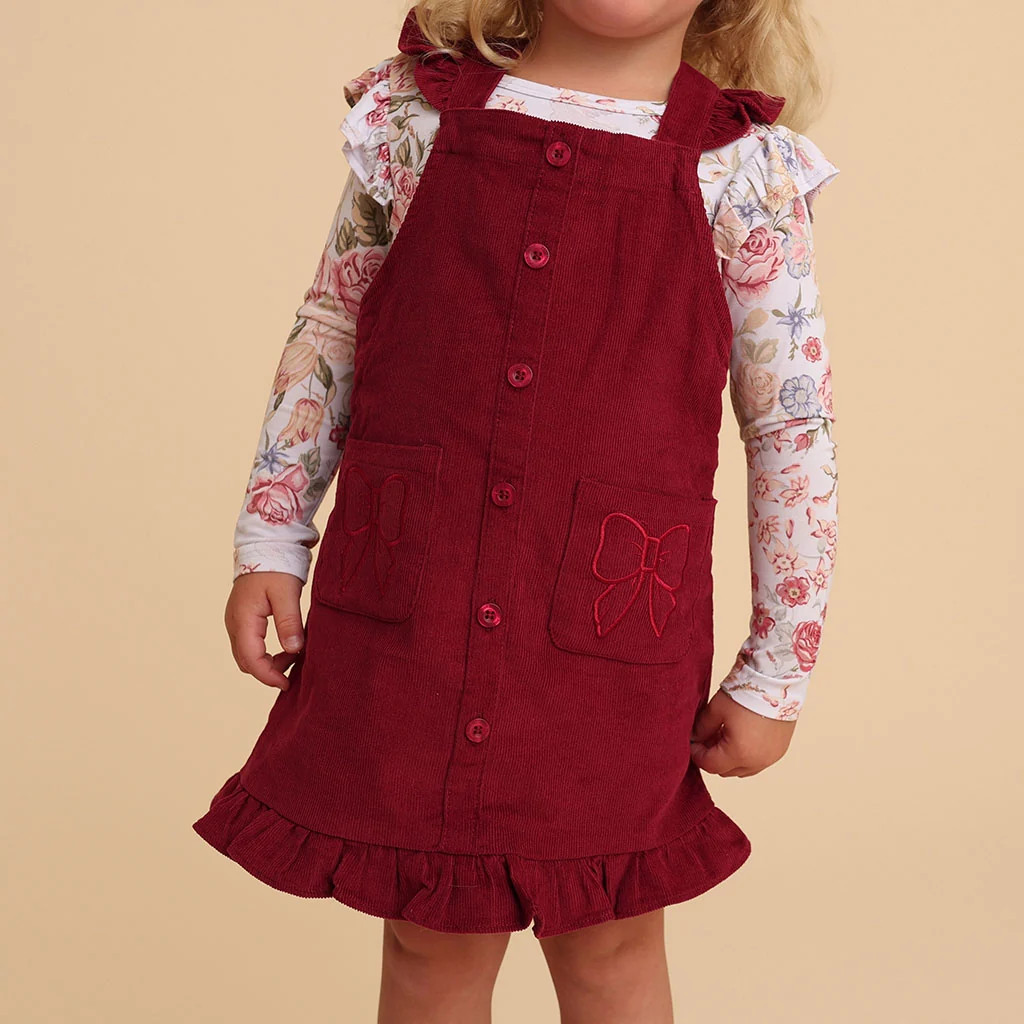 Solid Red Ruffled Strap Burgundy Cotton Corduroy Overall Dress | Posh Peanut\u00ae | Posh Peanut