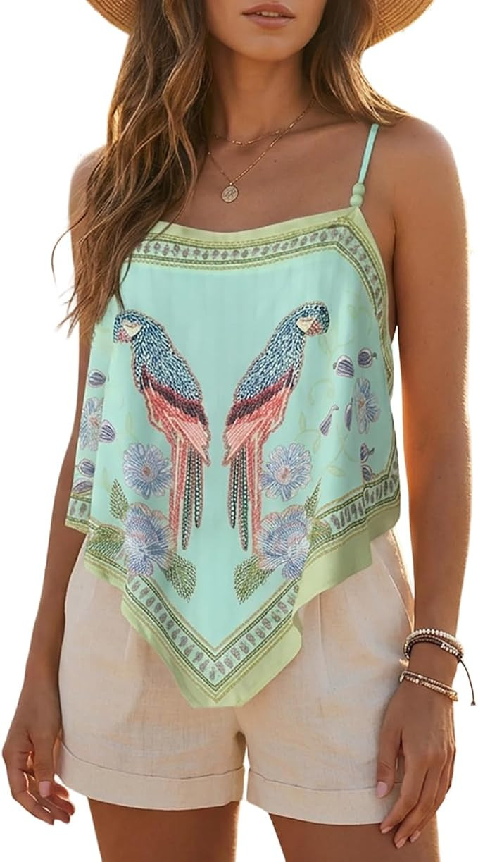 CHICME Tropical Tops for Women Parrot Floral Print Cami Top Beaded Spaghetti Strap Boho Vacation ... | Amazon (US)