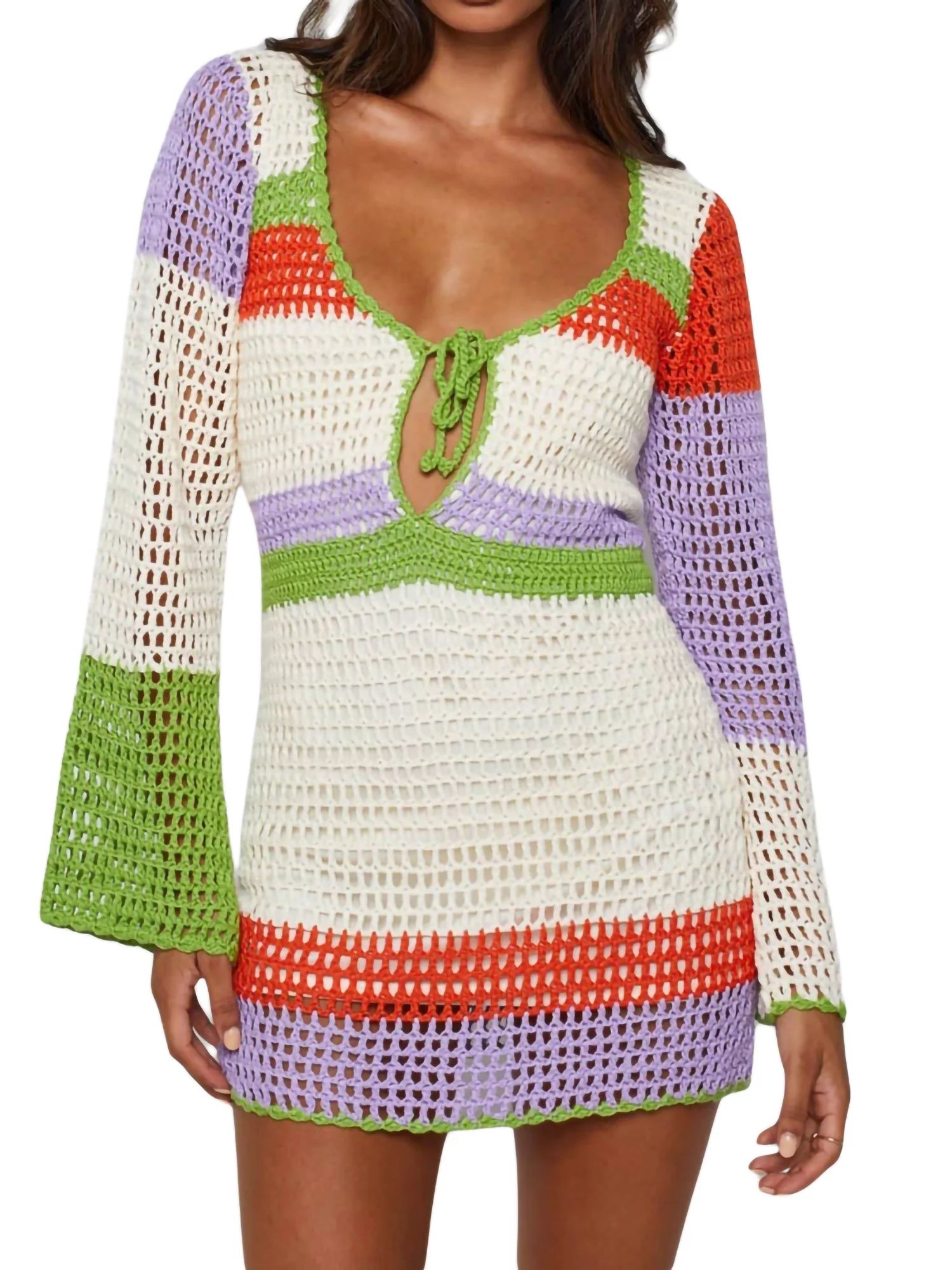Canrulo Women Crochet Dress Long Sleeve Knitted Cutout Bodycon Dresses White S - Walmart.com | Walmart (US)